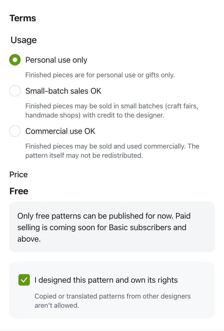 Usage terms section of the listing screen