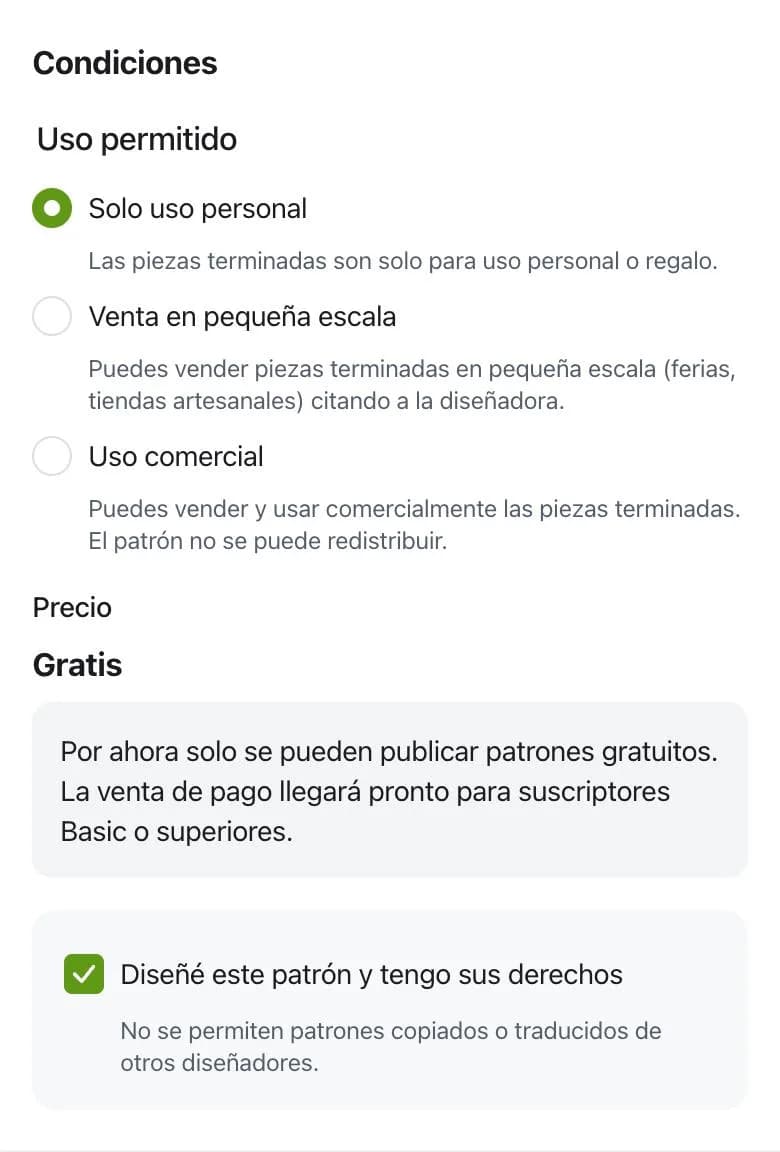 Sección de condiciones de uso
