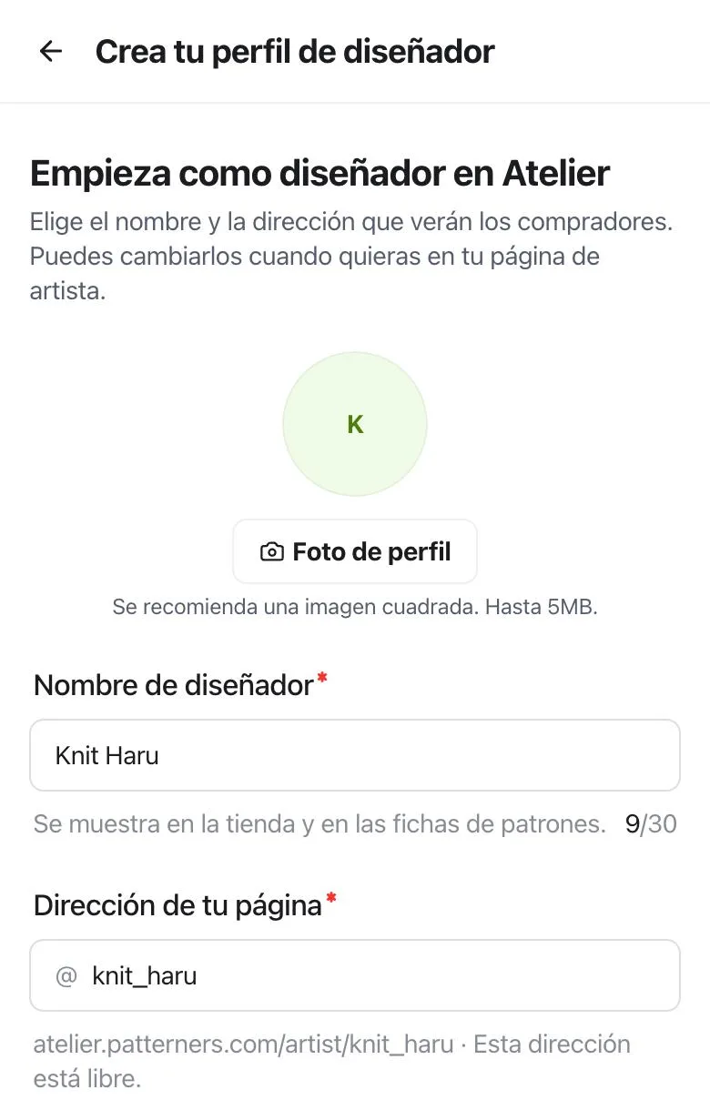 Pantalla para crear tu perfil de diseñadora